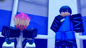 Roblox Blue Lock Rivals scene featuring two stylized players in blue sports outfits, one with spiky pink hair, inside a futuristic training room.