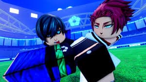Roblox Blue Lock Rivals image showing two intense soccer players facing off on a futuristic stadium field, one with teal hair and the other with red spiked hair.