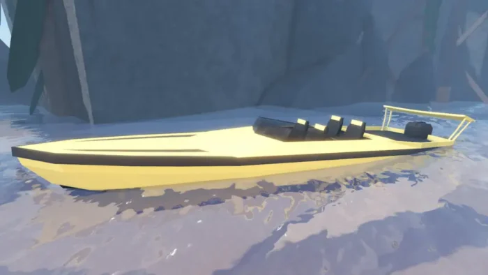 Sleek yellow speedboat with black accents and seating, floating on reflective water near rocky cliffs in Fisch Roblox.
