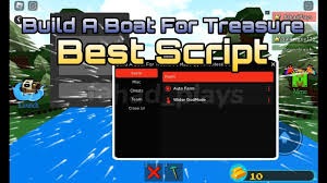 Roblox Build a Boat for Treasure screenshot showing a script GUI with “Auto Farm” and “Water God Mode” options, overlayed on a river scene with trees and tools.