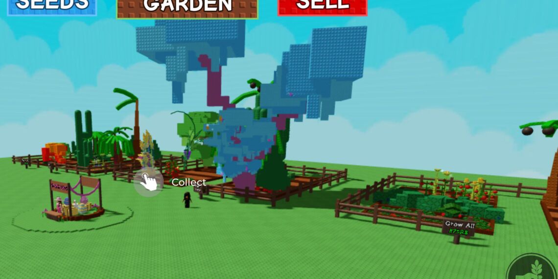 Large Candy Blossom tree with blue blocks and pink trunk in Grow a Garden, surrounded by fenced gardens and players with “Collect” prompt visible.
