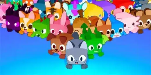 A colorful crowd of cube-shaped pets from Roblox's Pet Simulator X gathers on a blue background, led by a smiling gray cat in the front center.