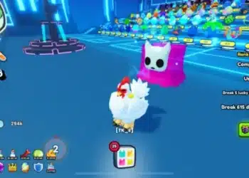 A player in a chicken costume stands beside a glowing purple pet in Roblox’s "Pet Simulator X," with mission objectives and inventory icons displayed.