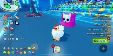 A player in a chicken costume stands beside a glowing purple pet in Roblox’s "Pet Simulator X," with mission objectives and inventory icons displayed.