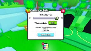 "Create A Raid" menu in Roblox's Pet Simulator X shows Difficulty Tier 37, set to Solo mode, with XP and Coins rewards listed above the "Start Raid!" button.
