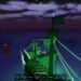 A ghostly green-glowing pirate ship sails across dark waters under a night sky in Roblox's Fisch. The ship features tattered sails, glowing ropes, and a foreboding atmosphere, hinting at the mysterious and eerie Desolate Deep location.