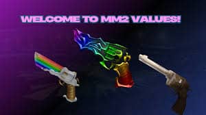 Three vibrant guns from Roblox’s Murder Mystery 2 are showcased under the glowing title “WELCOME TO MM2 VALUES!” on a dark background, representing item values. 