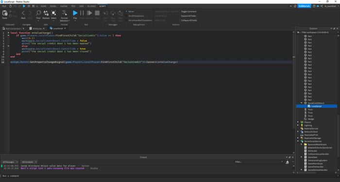 A Roblox Lua script handles door rotation using CFrame.Angles, toggling open and close states on mouse click via ClickDetectors for Handle1 and Handle2.