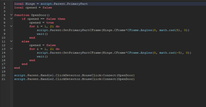 A Roblox Studio script checks a player's “SocialCredit” value and opens or closes a door in-game based on its level; script is connected to value changes.