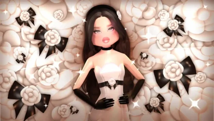 Roblox Dress to Impress character in a glamorous white dress with black gloves, posed against a floral background with black bows and sparkling effects.