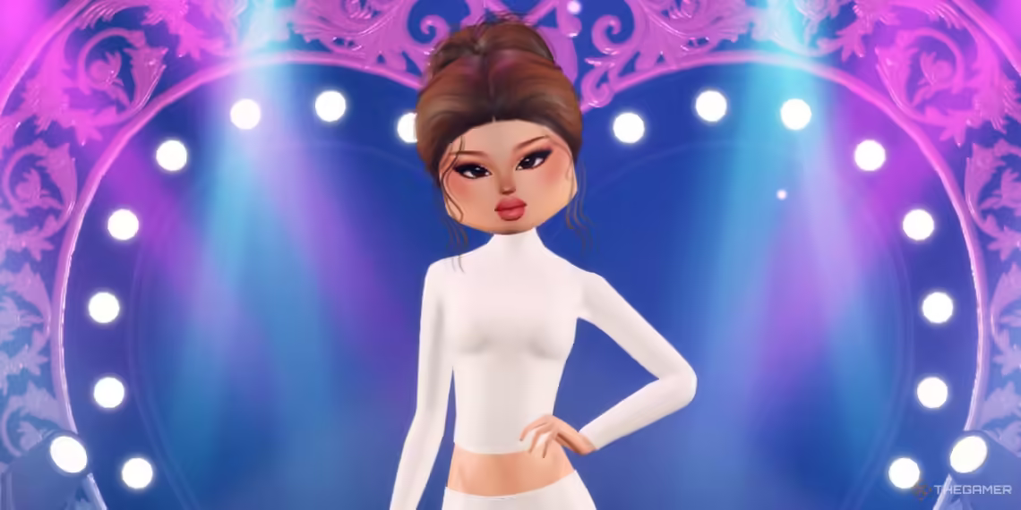 Roblox character from Dress to Impress stands confidently on a colorful, lit-up stage with pink and purple lights, wearing a sleek white outfit and styled hair.