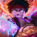 Stylized illustration of a powerful anime-inspired character in Roblox Blox Fruits, with glowing purple eyes and an electrified, glowing fist, set against a dramatic background of energy and shattered structures.