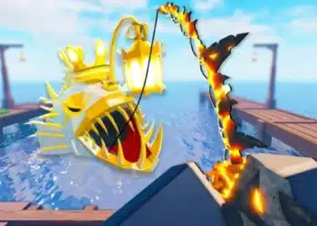 A golden, glowing anglerfish with a crown emerges from water as a fiery fishing rod is cast from a dock in the Roblox Blox Fruits game environment.