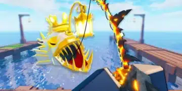 A golden, glowing anglerfish with a crown emerges from water as a fiery fishing rod is cast from a dock in the Roblox Blox Fruits game environment.