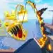 A golden, glowing anglerfish with a crown emerges from water as a fiery fishing rod is cast from a dock in the Roblox Blox Fruits game environment.