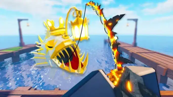 A fiery fishing rod with glowing orange cracks is shown hooking a golden, crowned anglerfish with sharp teeth and a lantern on its head, emerging from the ocean between wooden docks in the Roblox game Fisch.