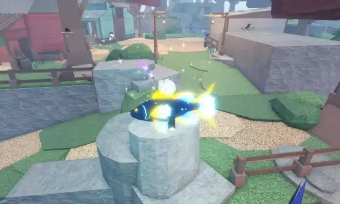 A glowing, mutated fish with sparkling blue and yellow light effects is displayed on a stone platform in the Roblox game Fisch, highlighting a rare or evolved catch in a village setting with shops and NPCs in the background.