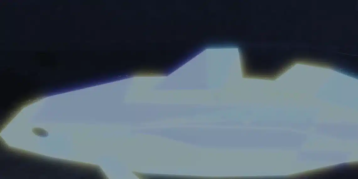 A glowing, neon-blue fish with sharp polygonal features floats in a dark underwater environment in the Roblox game Fisch, representing a mutated or rare fish varian