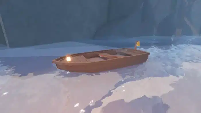 Wooden rowboat with lanterns floating on shallow water near a rocky cave in Fisch Roblox game.