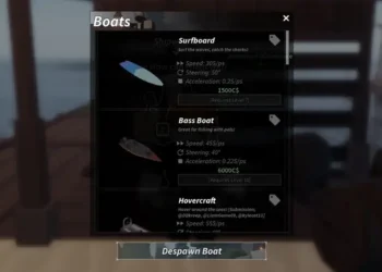 Boat selection menu in Fisch Roblox game, showing stats and prices for Surfboard, Bass Boat, and Hovercraft with despawn option at the bottom.