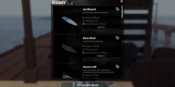 Boat selection menu in Fisch Roblox game, showing stats and prices for Surfboard, Bass Boat, and Hovercraft with despawn option at the bottom.