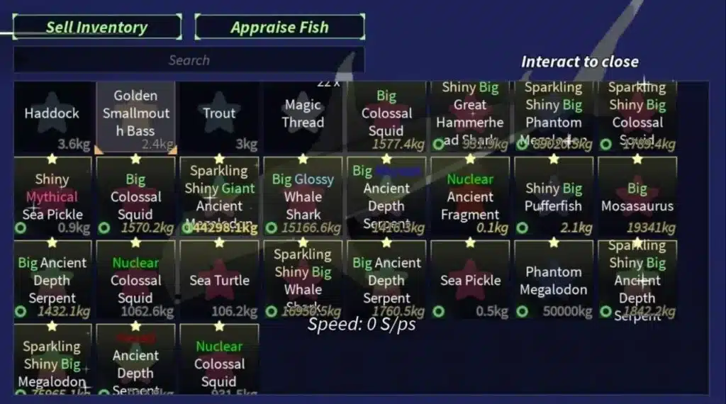 Inventory screen from the Roblox game Fisch, showing a wide variety of high-value fish such as Shiny Mythical Sea Pickle, Big Glossy Whale Shark, and Sparkling Ancient Depth Serpent, with weights and special traits like Nuclear, Big, and Sparkling.