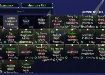 Inventory screen from the Roblox game Fisch, showing a wide variety of high-value fish such as Shiny Mythical Sea Pickle, Big Glossy Whale Shark, and Sparkling Ancient Depth Serpent, with weights and special traits like Nuclear, Big, and Sparkling.