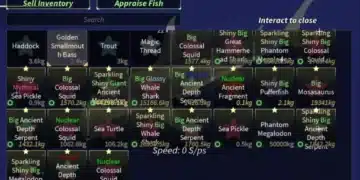 Inventory screen from the Roblox game Fisch, showing a wide variety of high-value fish such as Shiny Mythical Sea Pickle, Big Glossy Whale Shark, and Sparkling Ancient Depth Serpent, with weights and special traits like Nuclear, Big, and Sparkling.