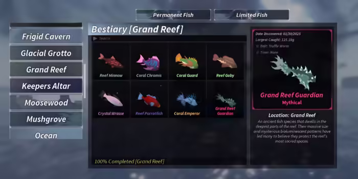 Bestiary of Grand Reef in Fisch Roblox game, showing collectible fish species including the Mythical Grand Reef Guardian.