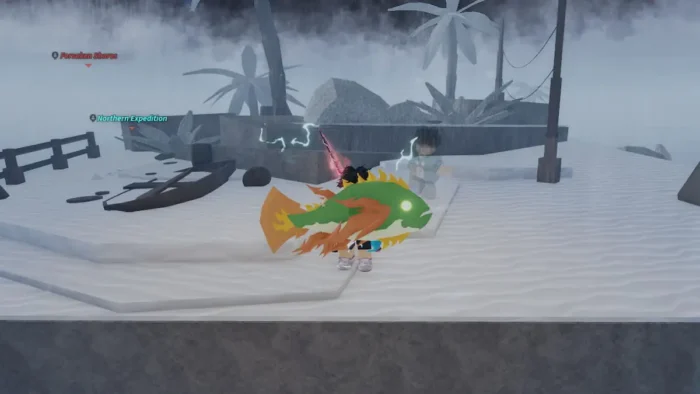 Player holding a glowing fish at Grand Reef in Fisch on Roblox, with a misty, stormy background and labeled locations nearby.