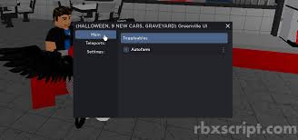 Roblox Greenville gameplay with a Halloween-themed script GUI open, showing teleport and auto-farm options while a character stands in a red and gray indoor area.