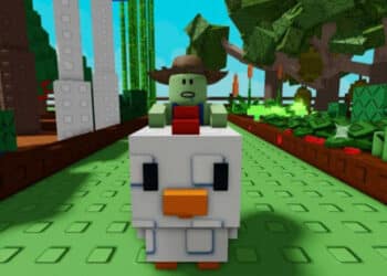 A Chicken Jockey in Roblox Grow a Garden, showing a small rider on a large blocky chicken in a vibrant green garden path.