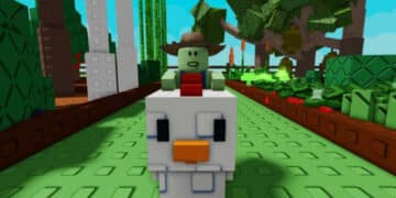 A Chicken Jockey in Roblox Grow a Garden, showing a small rider on a large blocky chicken in a vibrant green garden path.