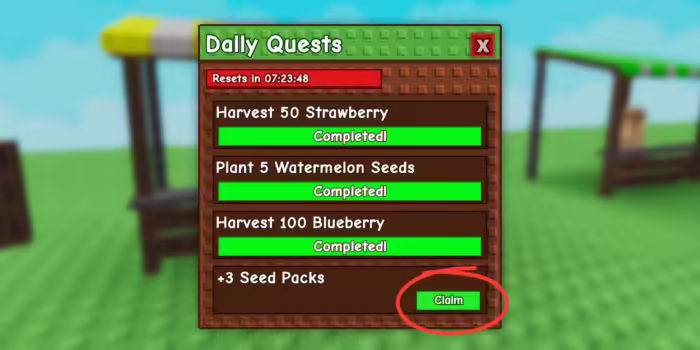 Daily quests completed in Grow a Garden showing rewards like seed packs, with a "Claim" button ready to collect in Roblox.