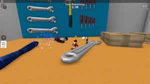 Roblox Hide and Seek Extreme gameplay featuring a small character on a kitchen counter with sparkles nearby, timer above, and wooden cabinets in the background.