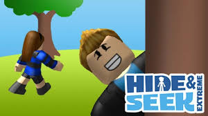 Roblox Hide and Seek Extreme characters shown in action—one player hides behind a tree smiling while another walks away, with game logo in the corner.