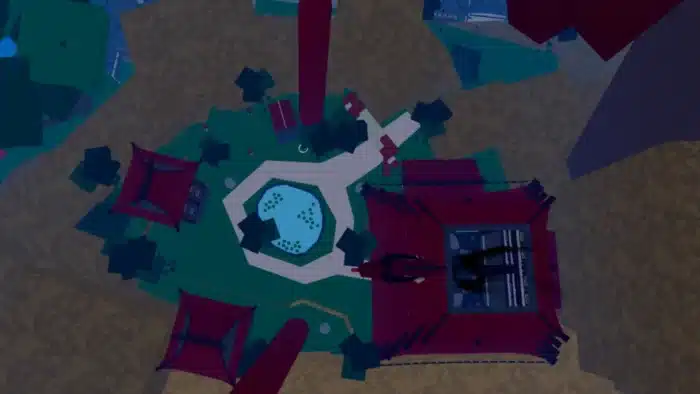 Top-down view of a temple-like area in Blox Fruits on Roblox, featuring a central pond surrounded by red-roofed structures, trees, and pathways, likely part of the location for obtaining the Draco Race.