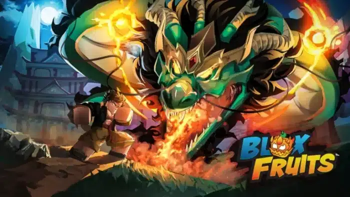 A fierce green dragon breathes fire at a determined fighter in a mountainous temple setting, promoting the Blox Fruits game with dramatic lighting and action.