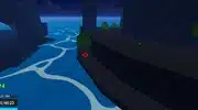 Nighttime scene in Blox Fruits on Roblox showing a cliffside with a glowing red Fire Flower located near the edge, overlooking a river with glowing blue paths.