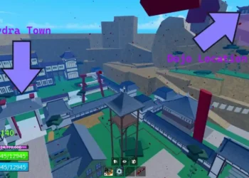 A labeled map view of Hydra Town and Dojo Location in Blox Fruits, showing a player's interface with health, energy, and menu stats on screen.