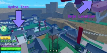 A labeled map view of Hydra Town and Dojo Location in Blox Fruits, showing a player's interface with health, energy, and menu stats on screen.