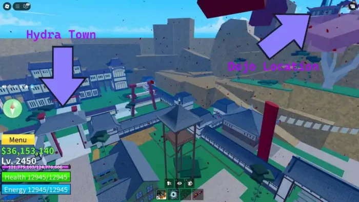 A screenshot from Blox Fruits (Roblox) showing the in-game area "Hydra Town" with a large purple arrow pointing down to it and labeled text. Another arrow labeled "Dojo Location" points to a structure on an elevated platform. 