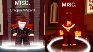 Two NPCs from Blox Fruits (Roblox) labeled “MISC.” — on the left is the “Dragon Wizard” in a red wizard outfit with a white beard and hat, and on the right is the “Dojo Trainer” wearing a red martial arts robe. 