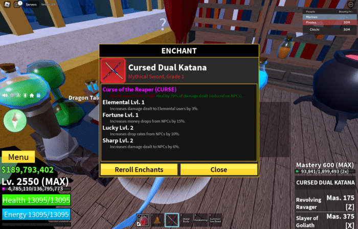 In Roblox Blox Fruits, the player views the enchant interface for the Cursed Dual Katana, a Mythical Sword (Grade 1). The enchantments include "Curse of the Reaper (CURSE)" which heals based on damage dealt, and other enchant levels: Elemental Lv. 1, Fortune Lv. 1, Lucky Lv. 2, and Sharp Lv. 2. 