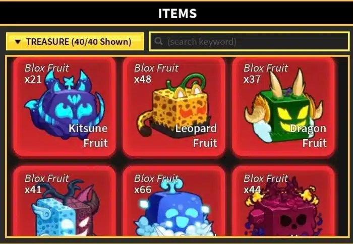 Blox Fruits inventory showing high-tier fruits like Kitsune, Leopard, Dragon, and more, each labeled with quantities owned in the treasure items list.