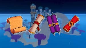 A lineup of four colorful scrolls—orange, white, purple, and red—floats in front of a mystical island landscape in Roblox Blox Fruits. The scrolls represent various types of enchantments or mythical items players can find or use in the game.