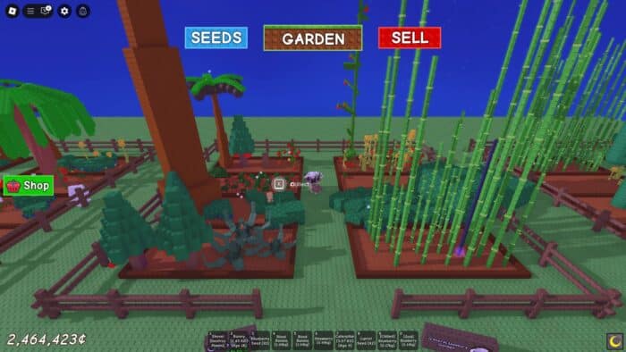 A variety of crops including apple trees, bamboo, and berries grow in fenced plots in Roblox’s "Grow a Garden," under SEEDS, GARDEN, and SELL options.