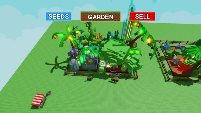 A vibrant garden in Roblox’s "Grow a Garden" features glowing trees and labeled peach and apple crops under SEEDS, GARDEN, and SELL buttons. 
