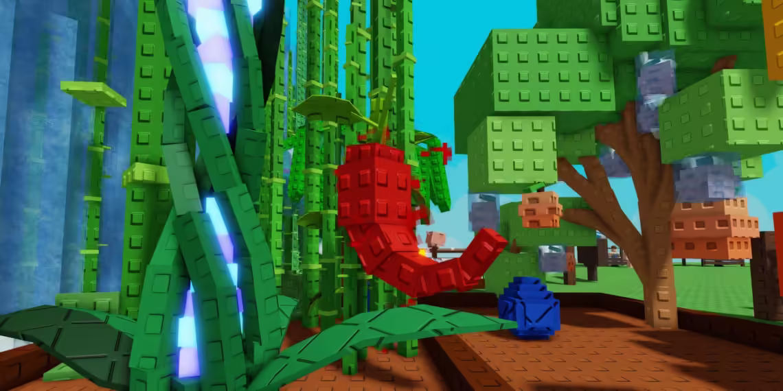 Roblox Grow a Garden scene showing tall green bamboo stalks and a large red chili-like plant growing in a fenced garden area with colorful trees.