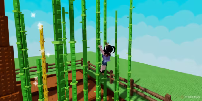 Roblox character climbing tall green and golden bamboo stalks inside a fenced garden area under a bright blue sky in Grow a Garden.